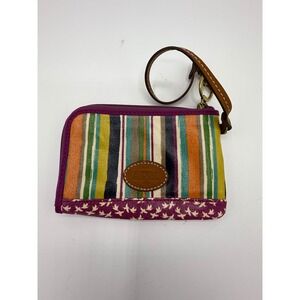 Fossil Striped Wristlet Clutch Coin Purse Brown Leather Strap Zipper Pouch